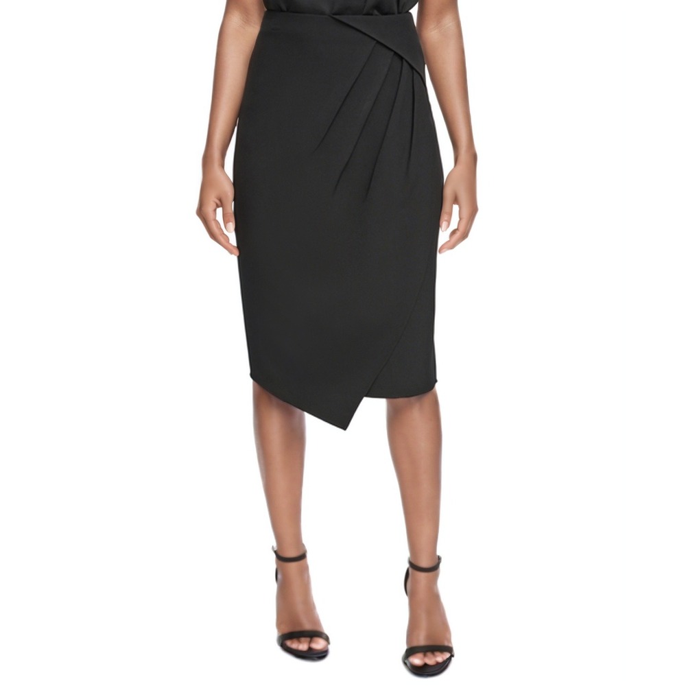 Calvin Klein‎ Skirt Womens 2 Black Tulip Drape Wrap Angled Hem Pencil Midi NWT